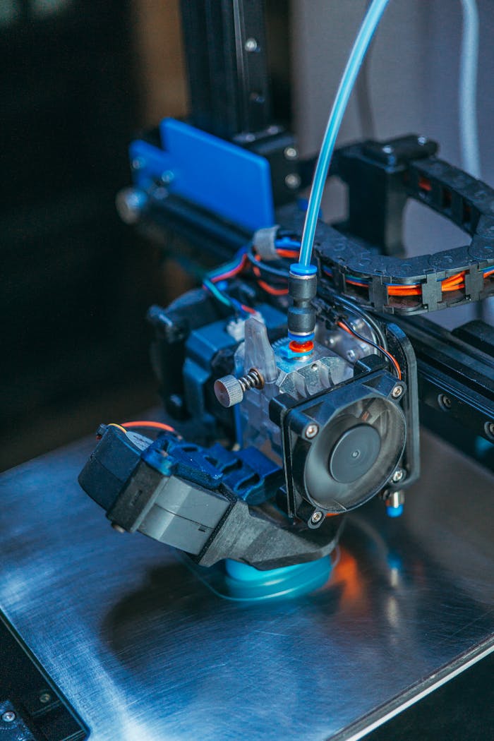 The Art of Drawing Readers In: Your attractive post title goes here Detailed view of a 3D printer extruder head in a workshop setting.