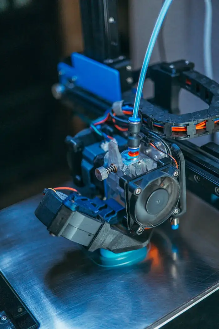 Detailed view of a 3D printer extruder head in a workshop setting.